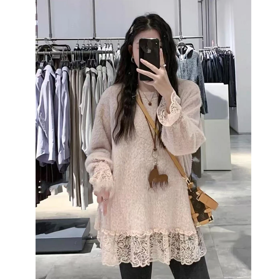 【蜜爷家】法式绒感拼接蕾丝上衣1025#