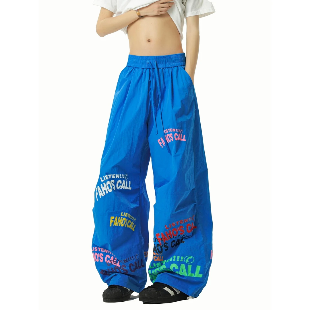 美式字母速干阔腿裤男女夏季薄款慵松弛感休闲裤简约伞兵阔腿裤子