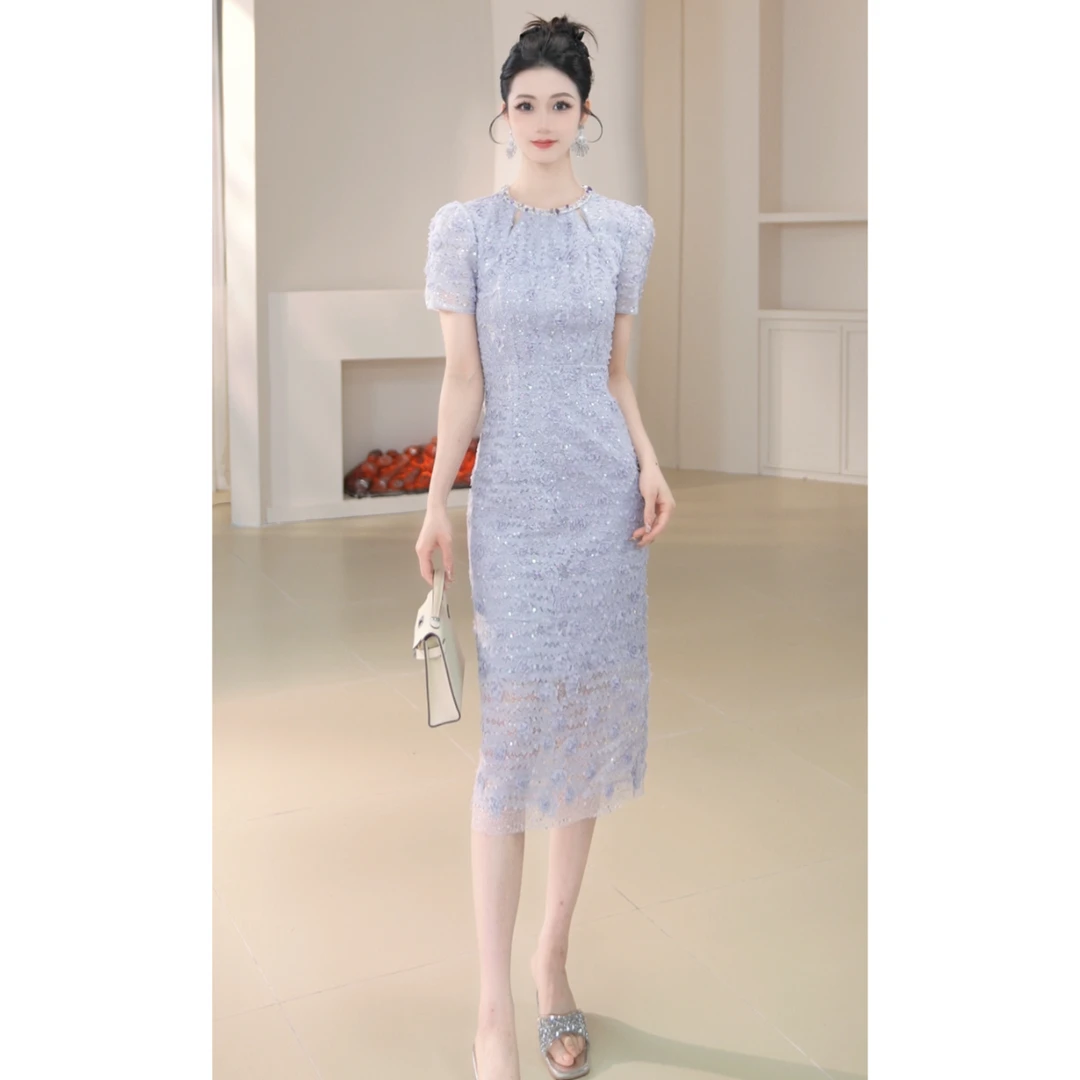 21757气质夏季复古国风提花时尚长款修身名媛优雅小众显瘦连衣裙