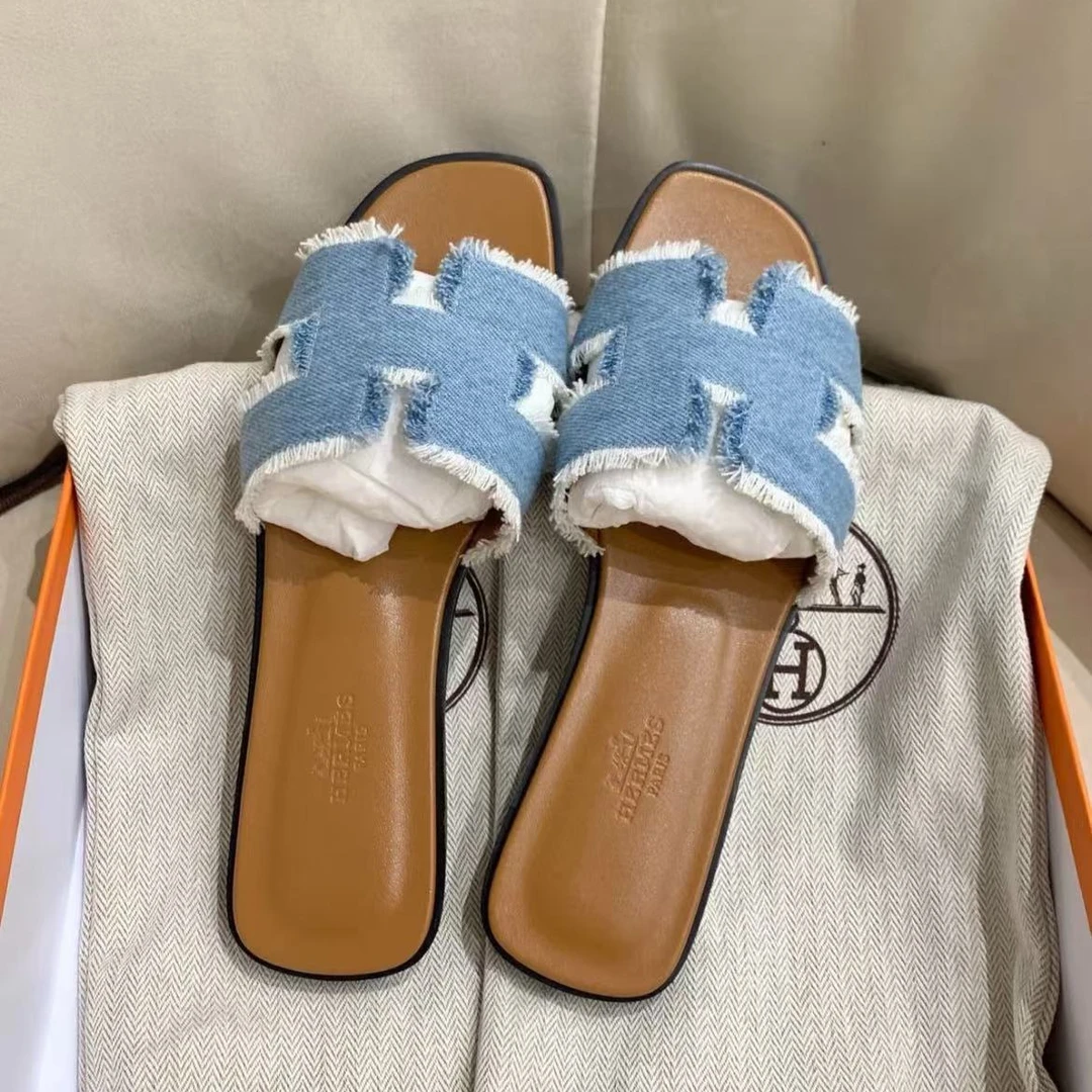 99新 Hermes/爱马仕 浅牛仔流苏平底鞋 38