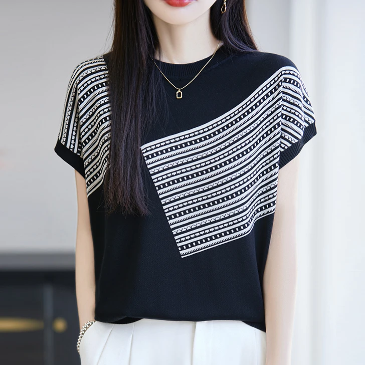 品牌夏季新款针织衫T恤短袖时尚法式宽松百搭拼色上衣