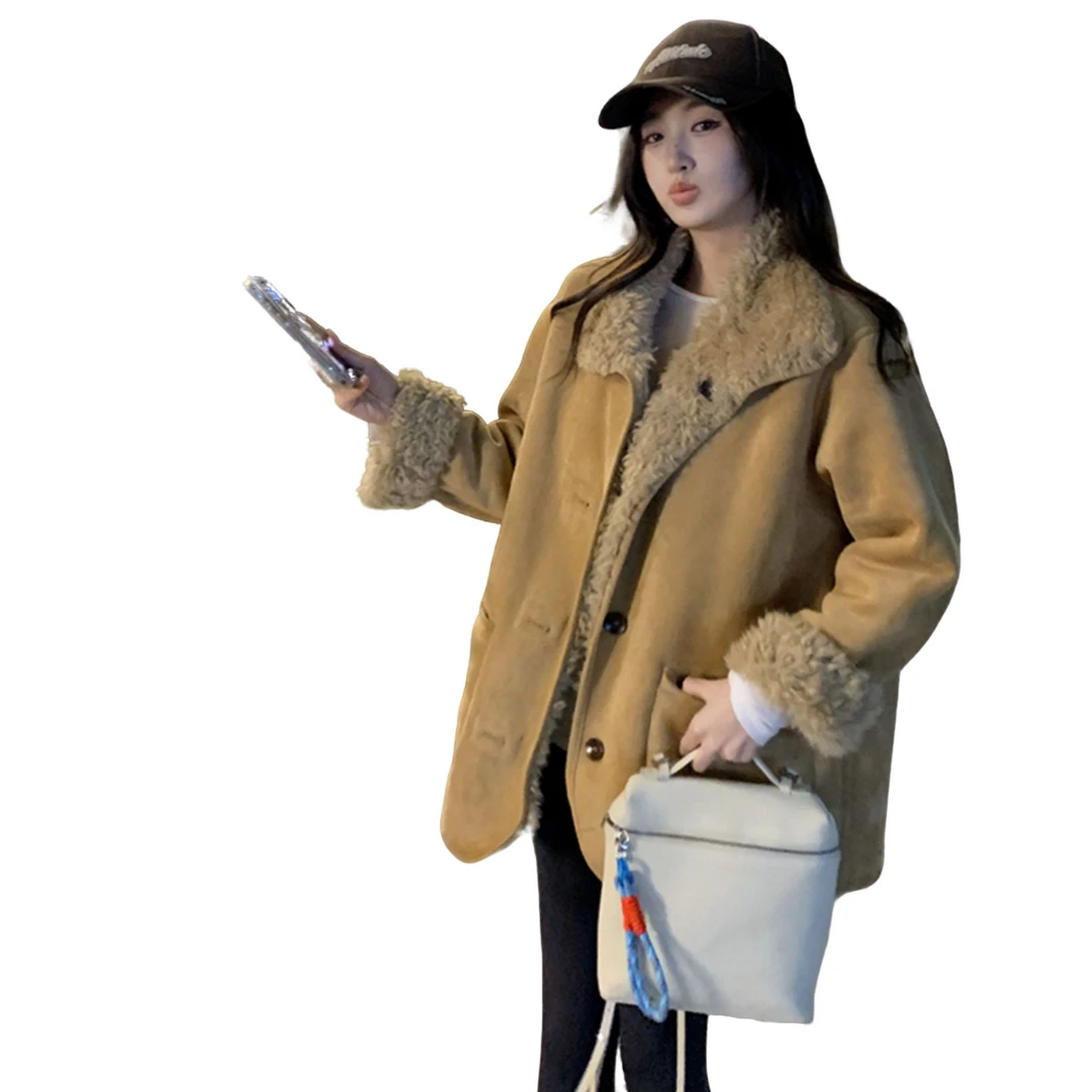 2025年时尚百搭新款毛毛外套女冬季加厚宽松机车服上衣羊羔绒外套