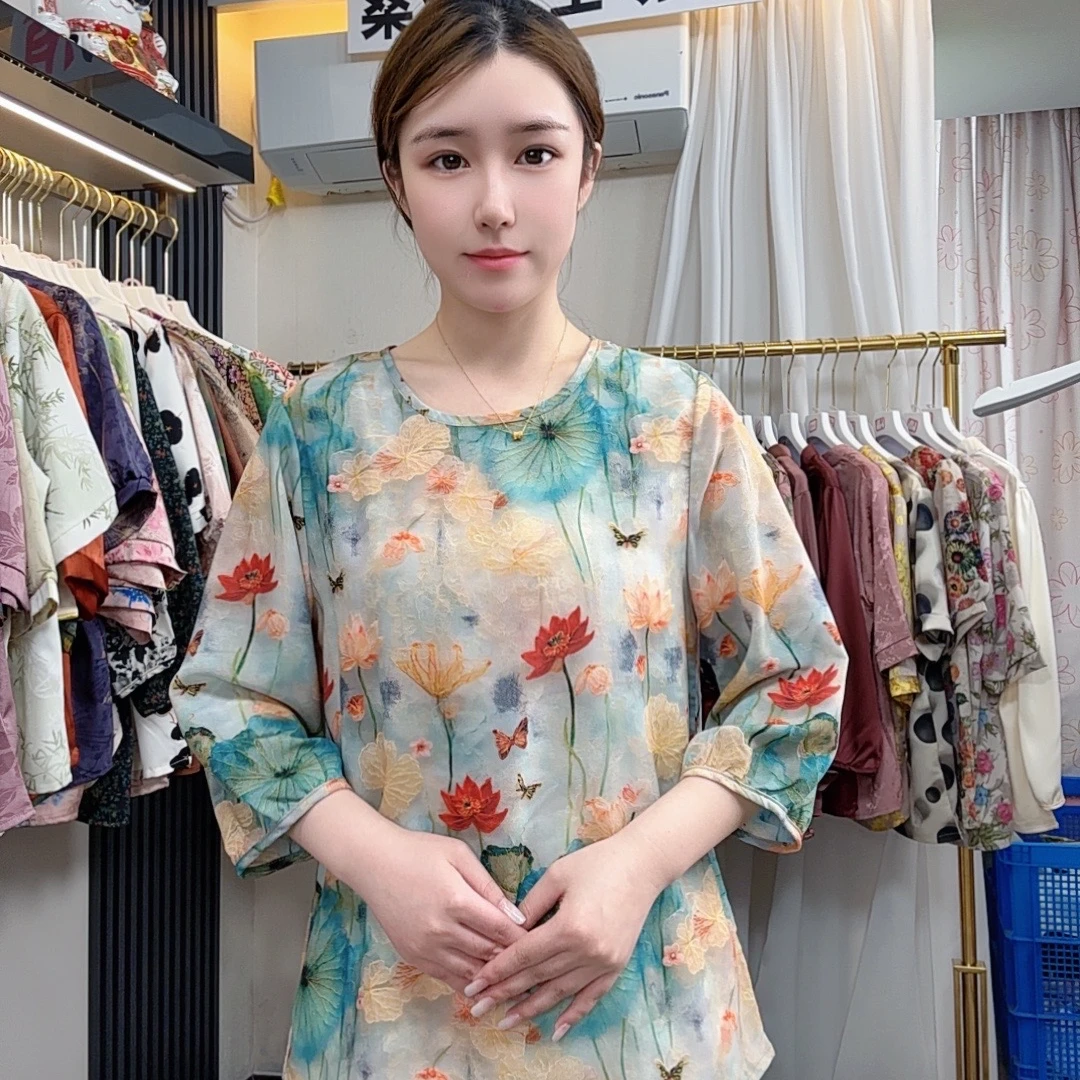 【碧波荡漾】2025新款气质百搭显瘦时尚夏季透气印花圆领短袖上衣