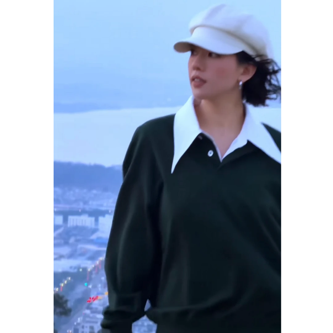 W.Diva【见春】秋季绿色休闲运动宽松翻领卫衣出游服装女51T031371