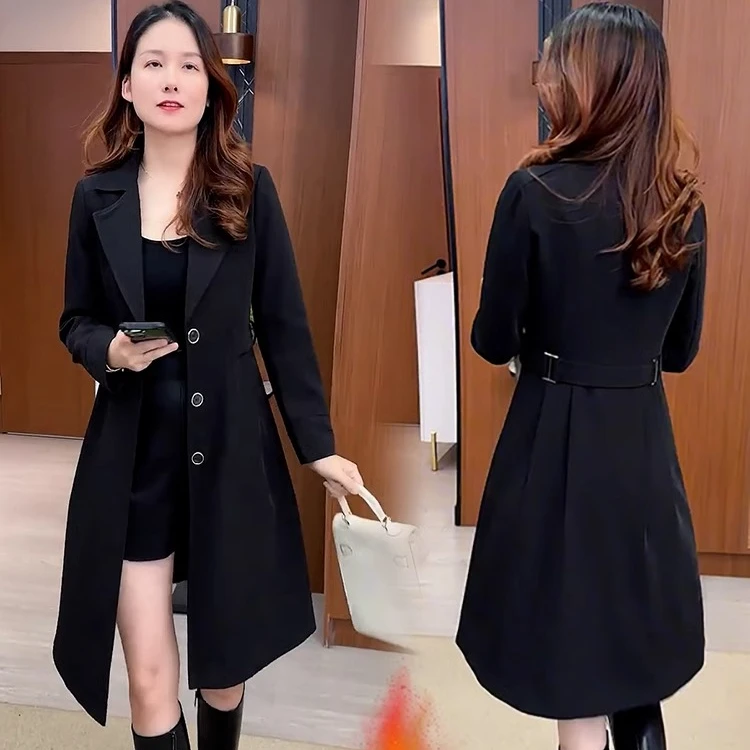 加绒加厚中长款风衣外套女2025年冬季新款时尚洋气西装领保暖大衣