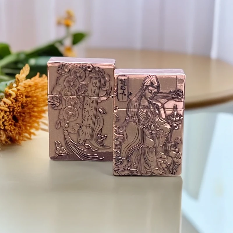 手工新品三代紫铜机械超薄防风打火机个性立体浮雕观音机甲设计