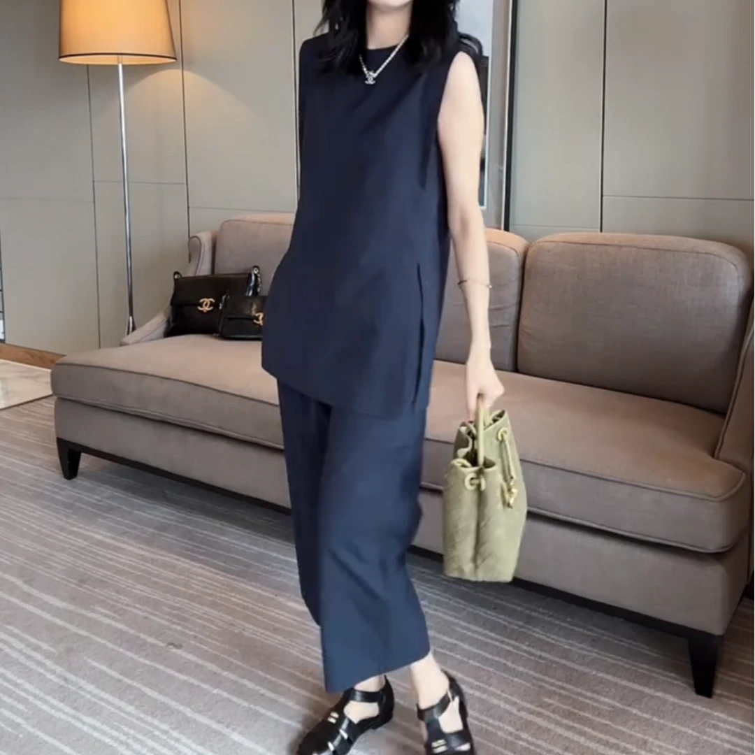 春夏无袖上衣休闲裤气质减龄两件套简约百搭显瘦洋气时尚夏季开叉