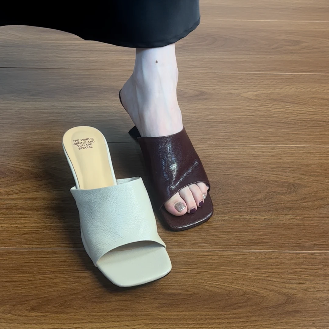 6CM水晶羊皮拖鞋女夏外穿高跟凉鞋2025新款软百搭法式凉拖凉拖鞋