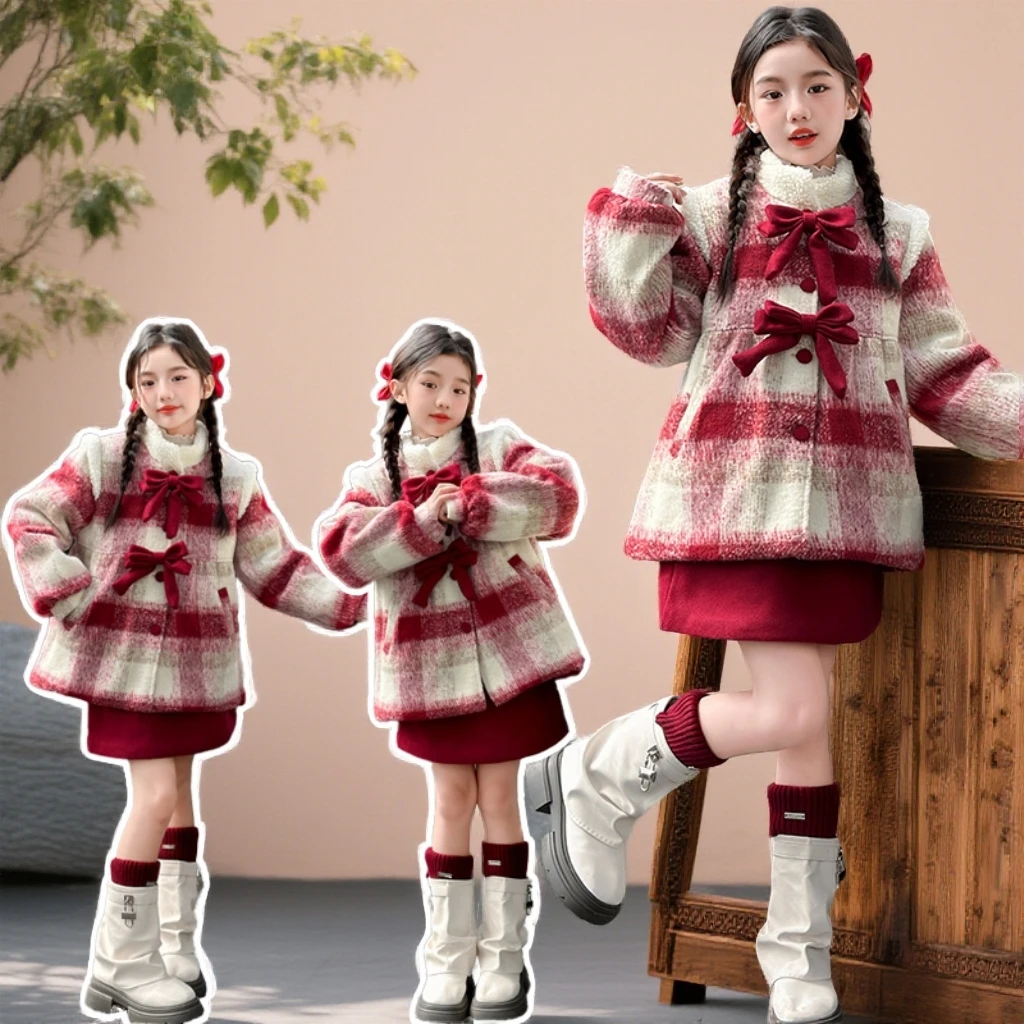 女童新年战袍套装秋冬装大童拜年服儿童冬季加厚夹棉毛呢裙二件套