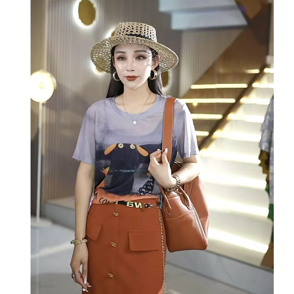 夏季时尚百搭休闲女士减龄狗狗彩绘圆领短袖T恤针织衫hbW+98251m