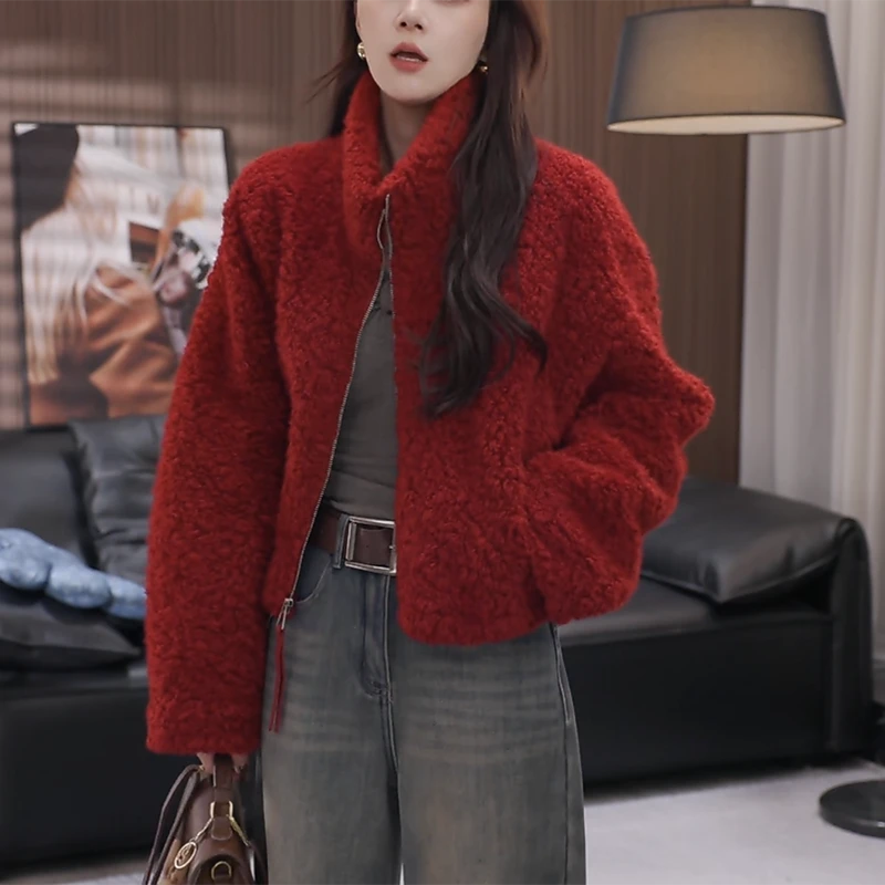 加厚名媛淑女风立领宽松短款上衣小个子毛绒外套女款冬季2025新款