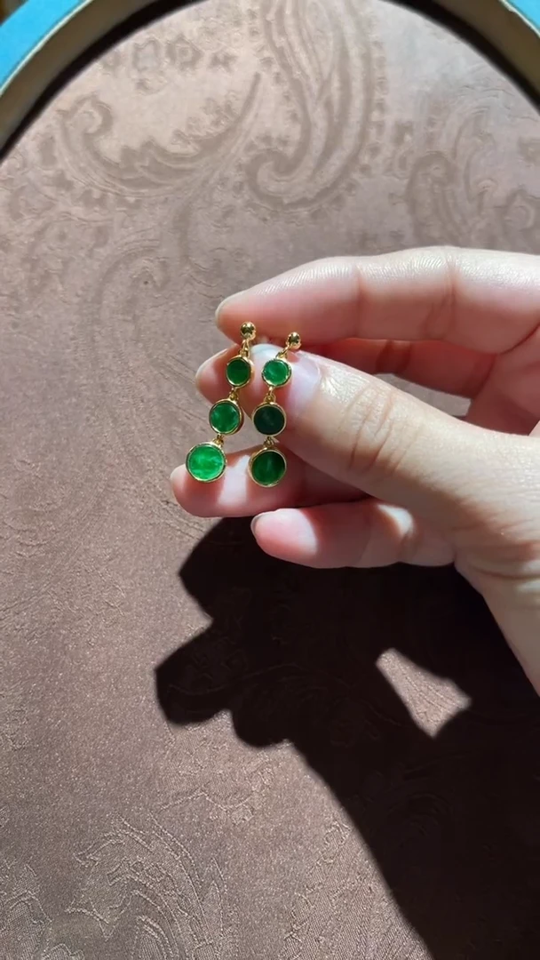 银S925镀金镶嵌翡翠耳钉红翡绿翠