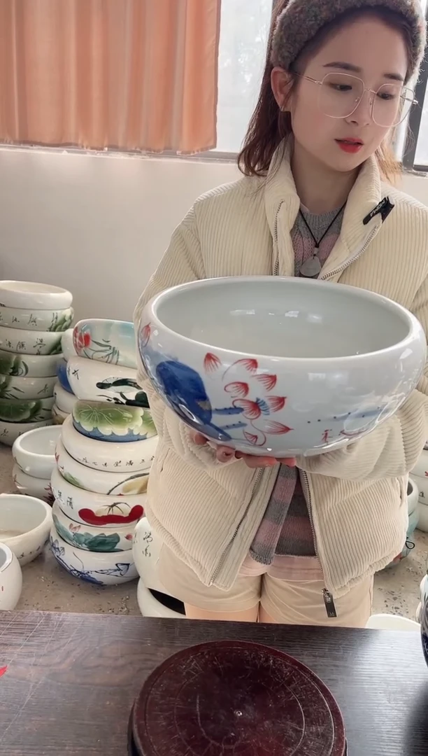 【闪购商品】缸32直径青花红荷手盆