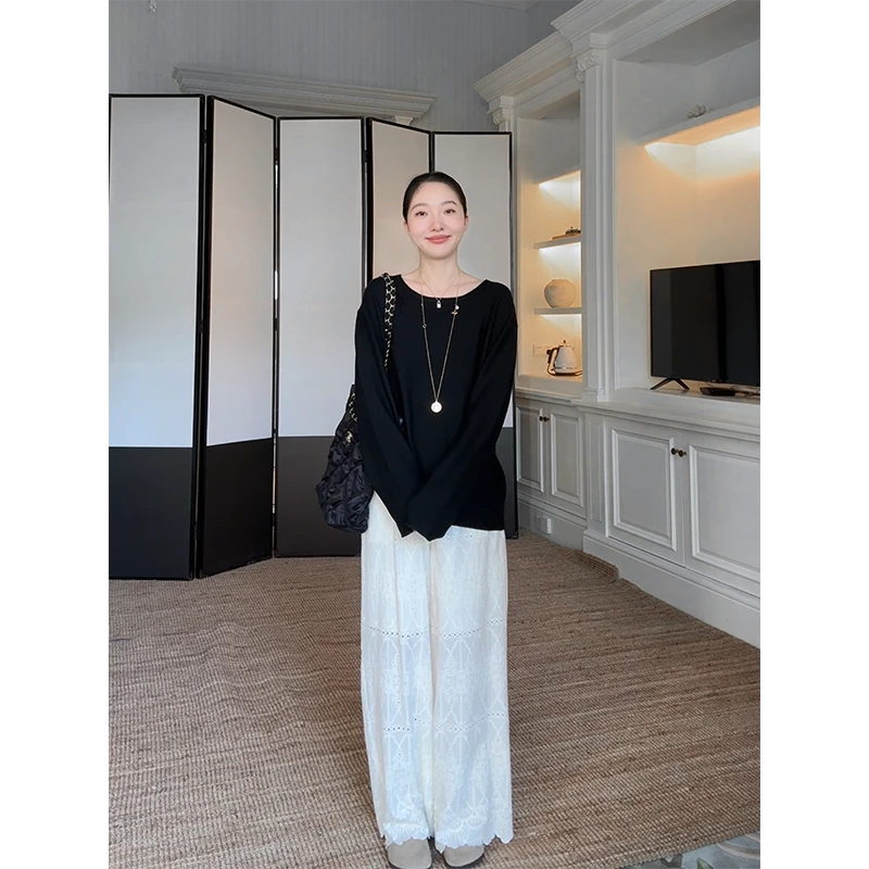郭九九呢 100%棉镂空花边显瘦直筒长裤圆领宽松针织衫 G925Z12722