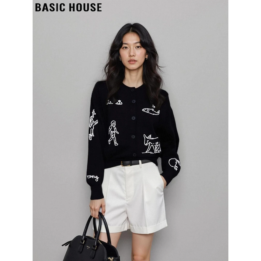Basic House/百家好高级感藏蓝色绣花针织开衫女2025秋冬毛衣外套