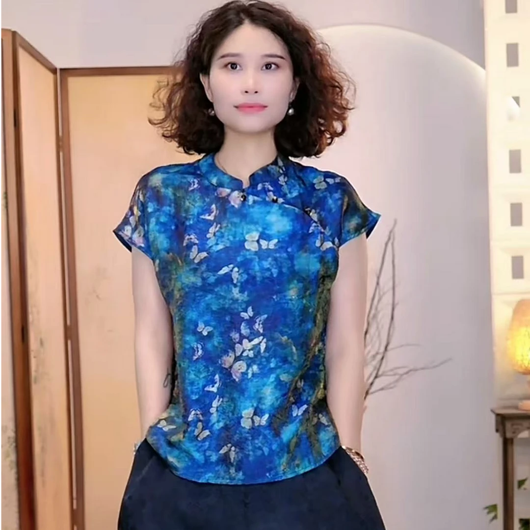 [冰蝶] 新中式高定立领斜襟短袖上衣小衫百搭宽松显瘦