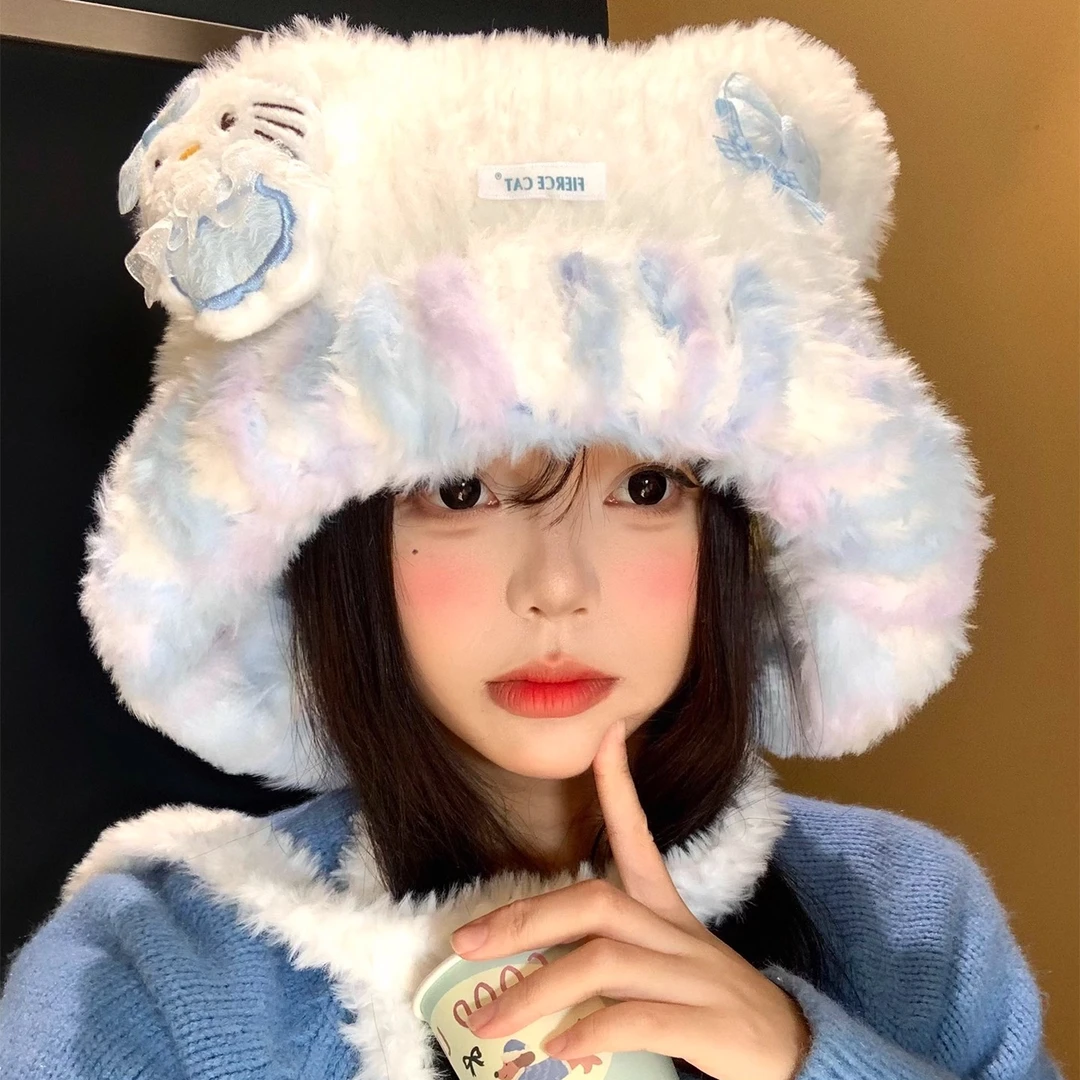 可爱Kitty猫耳朵毛绒针织帽女秋冬季加厚保暖雷锋帽子护耳毛线帽