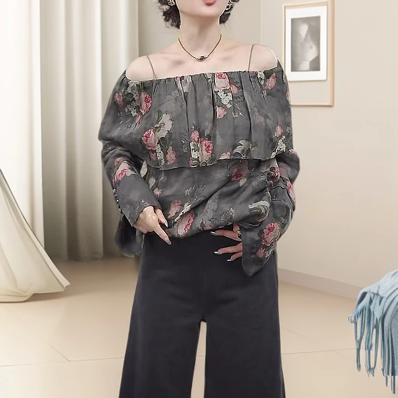 时尚洋气印花一字肩长袖衬衫女夏季新款轻熟风减龄显瘦百搭上衣潮