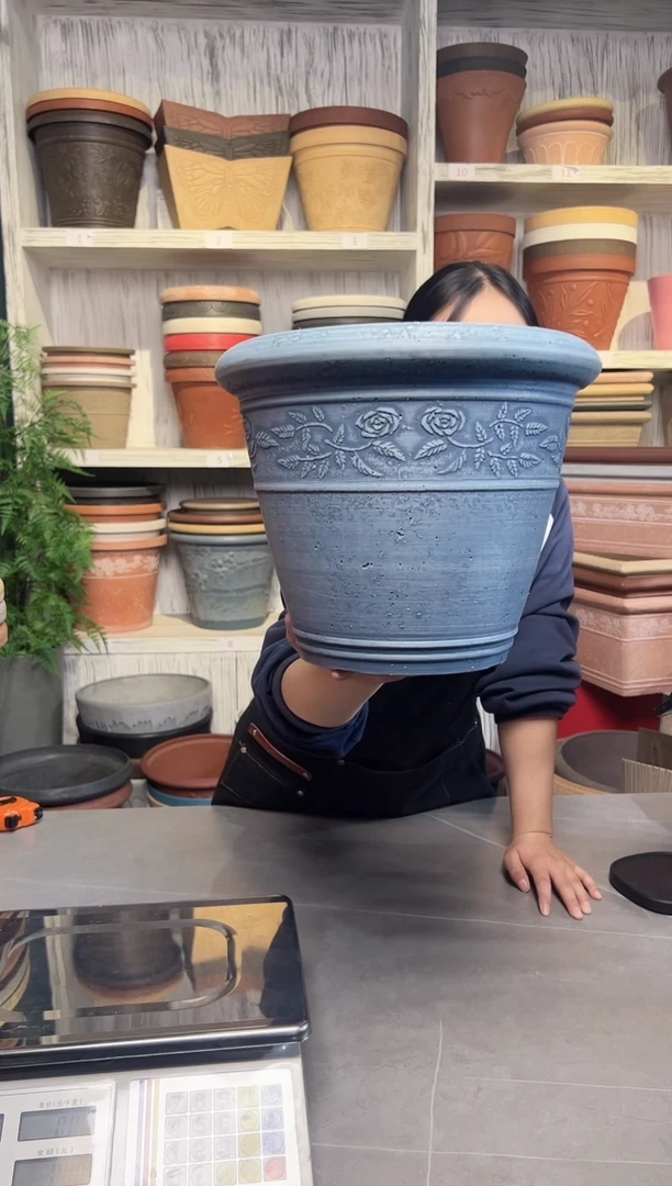 30*24.5/UK29牛仔蓝浮雕花盆外贸尾单