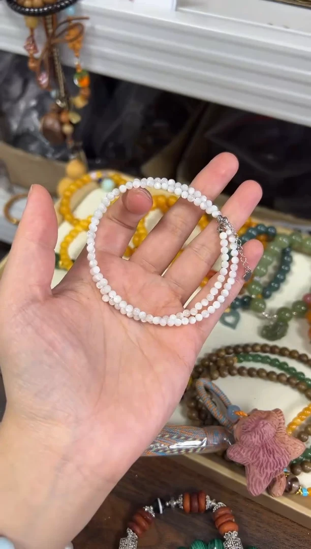 项链贝壳（贝母）银S925镶嵌白贝母小米珠圆珠银项链[1436]