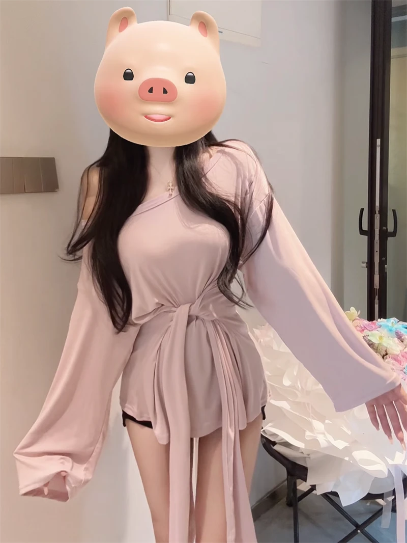 慵懒风宽松露肩长袖防晒衫T恤女2025年夏季腰部绑带斜肩上衣