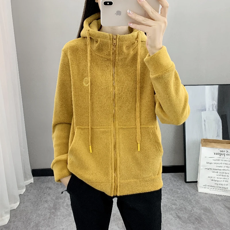 68083秋冬女款抓绒衣手摇绒保暖加厚连帽开衫户外弹力加绒外套