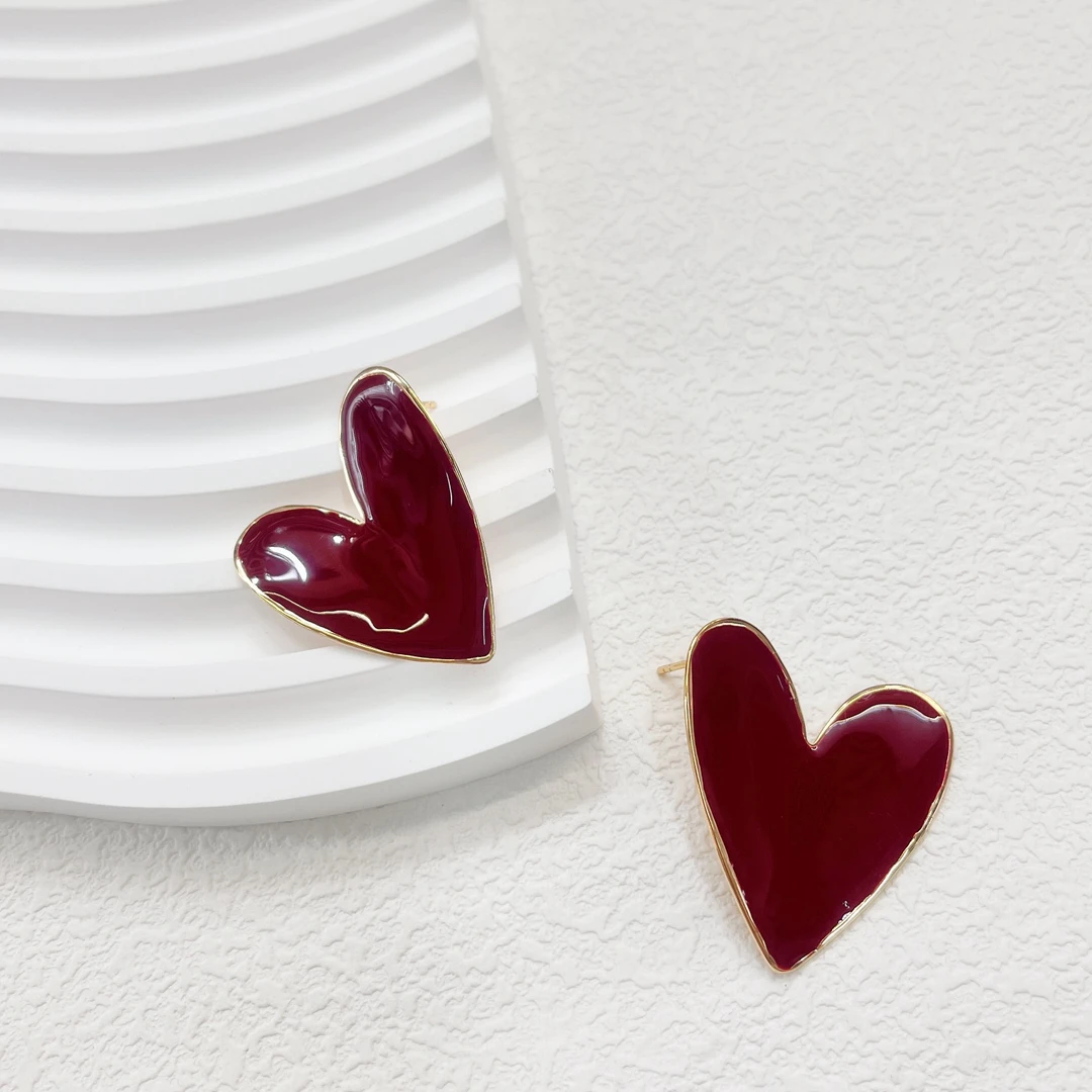 纯银饰品纯银耳饰耳耳钉银镀金珐琅彩大耳钉夸张大爱心复古红1283