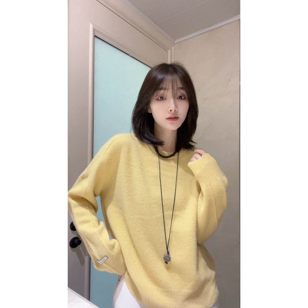 【玥玥家】100%羊毛-无缝一体圆领新款净色长袖针织毛衣-【不可机洗】