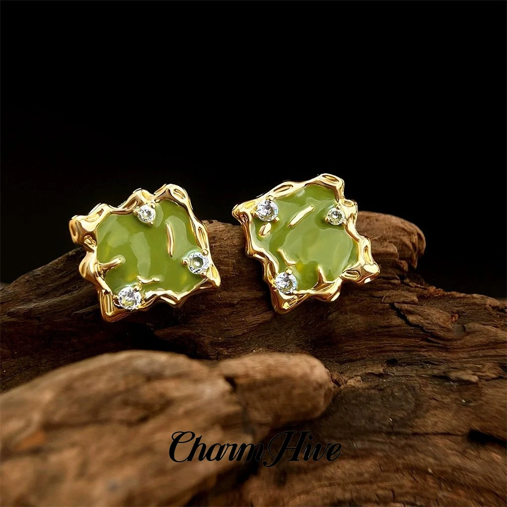 铜合金锆石耳饰 翠绿湖泊橄榄绿耳钉A105