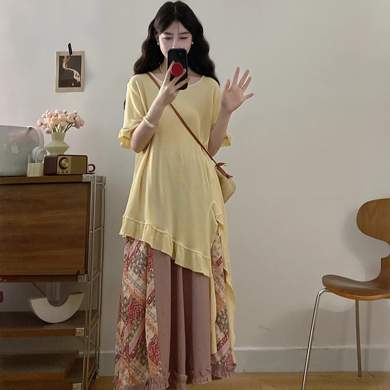 Q2025夏装新款胖mm大码女韩系不规则短袖T恤A0740