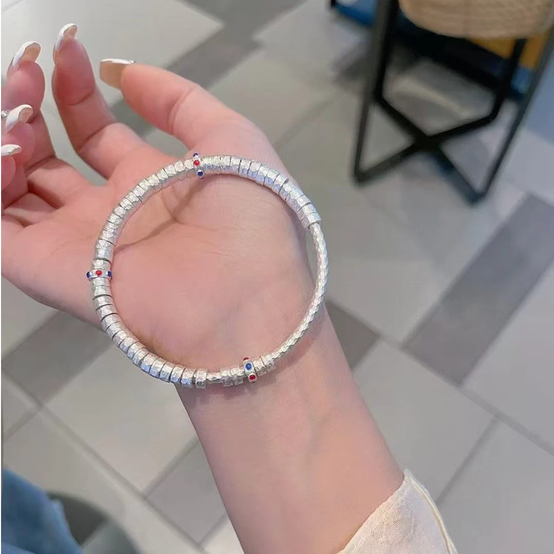 足银手镯 足银荷花手镯珠珠复古磨砂纯银古法万贯盘缠闭口手镯