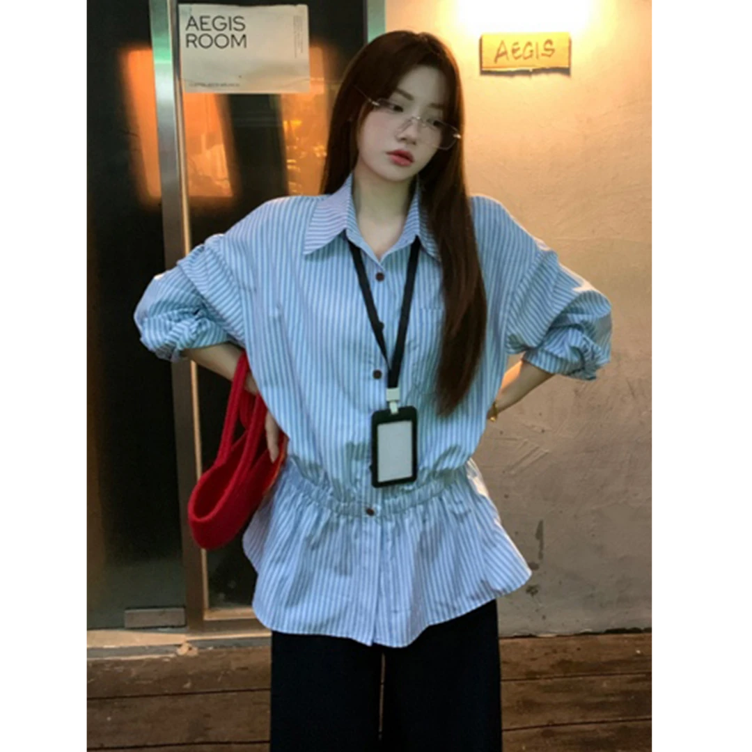 2025早秋新款松紧收腰韩系polo领条纹衬衫女装单排扣时髦上衣