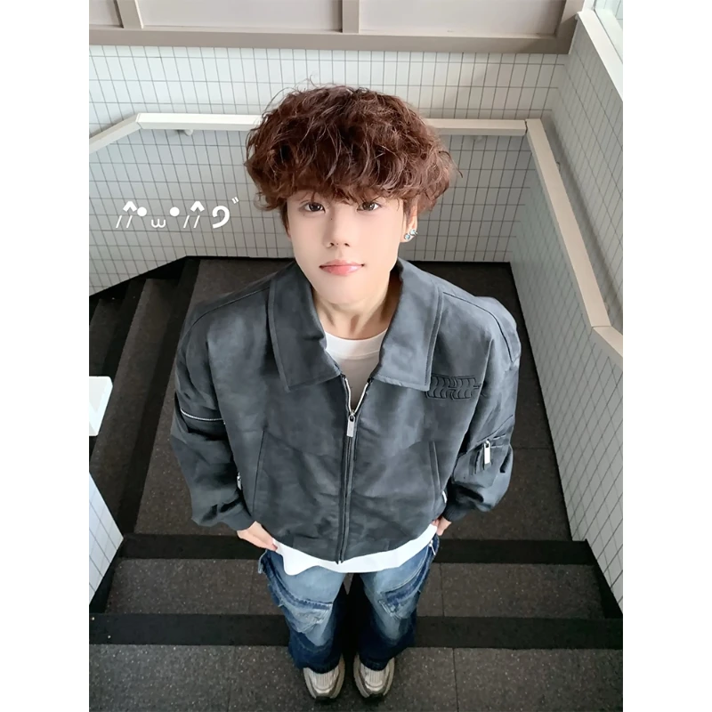 美式复古机车服外套男秋季高级感正肩cleanfit短款翻领棒球服夹克