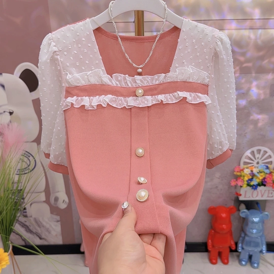 新款法式方领花边拼接大码女装半袖时尚气质百搭显瘦款