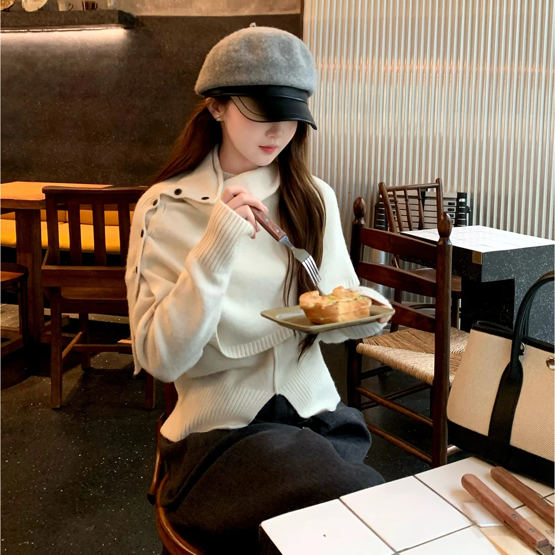 Huangzuozuo佐佐家小个子日系纽扣高领披肩/针织衫毛衣冬季女上衣