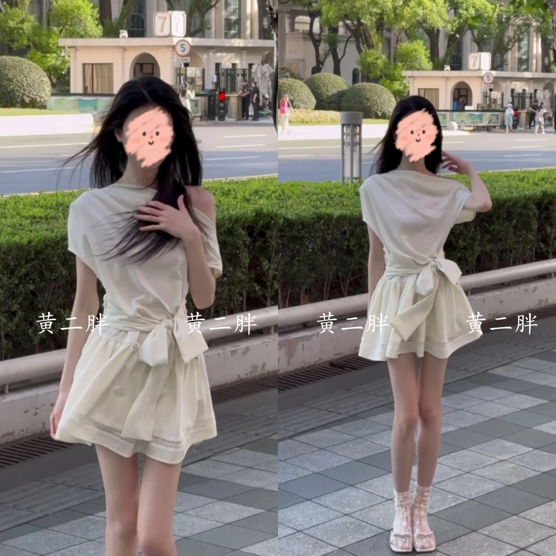 高级感法式露肩连衣裙女夏季新款设计感系带收腰显瘦蓬蓬裙短裙子