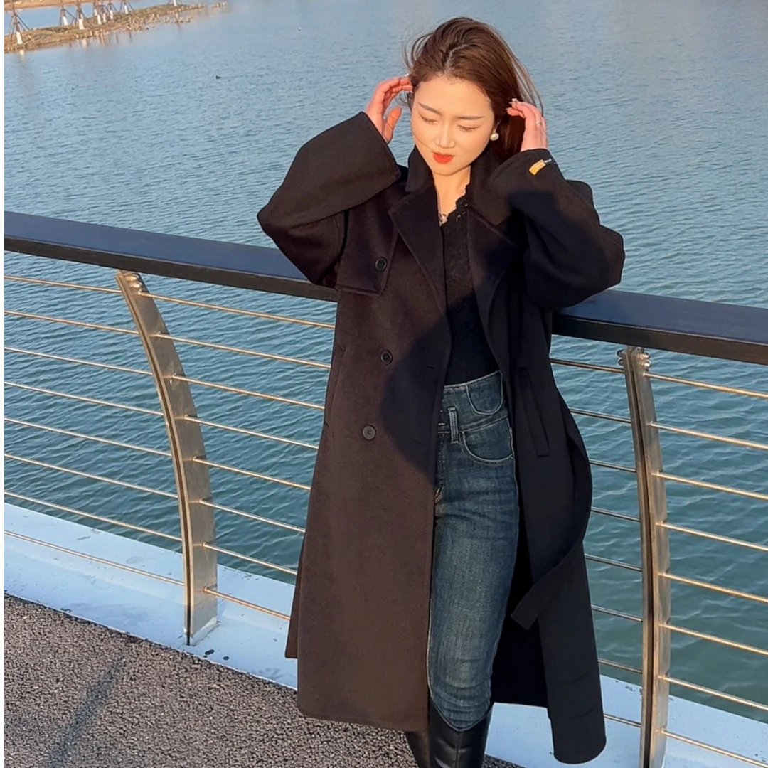 毛呢秋冬长款宽松毛呢外套通勤韩版女西装领系腰外套