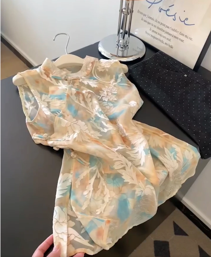 新中式轻奢国风衬衫上衣2025夏新款印花百搭薄款高级感无袖马甲女