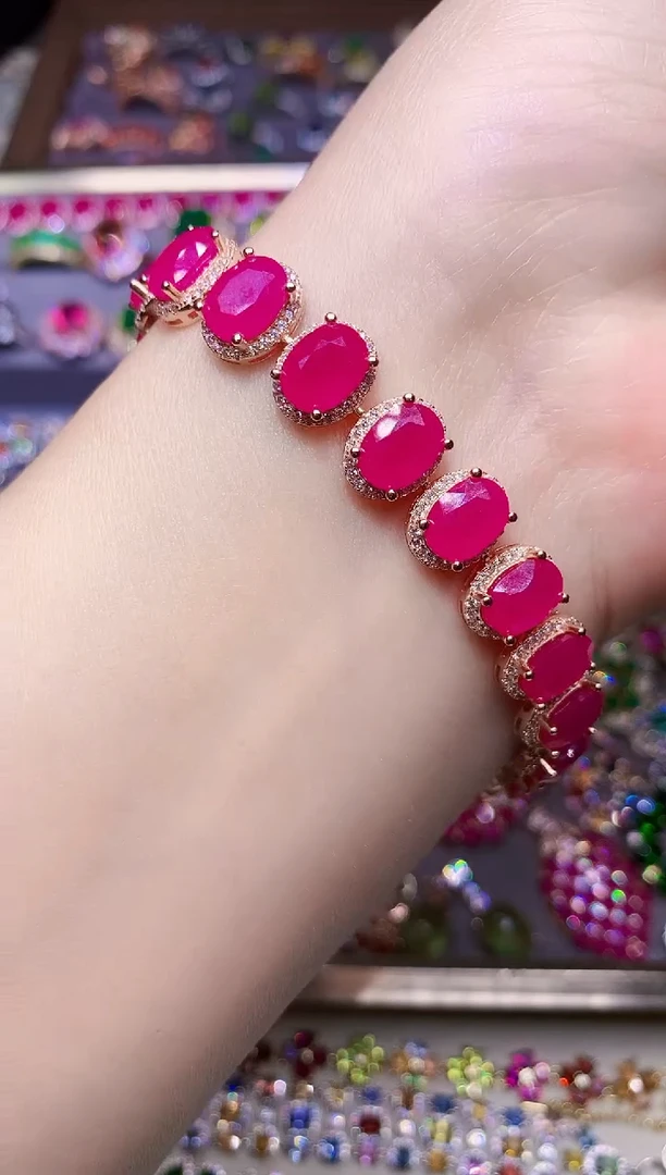 银S925镶嵌手链红宝石...