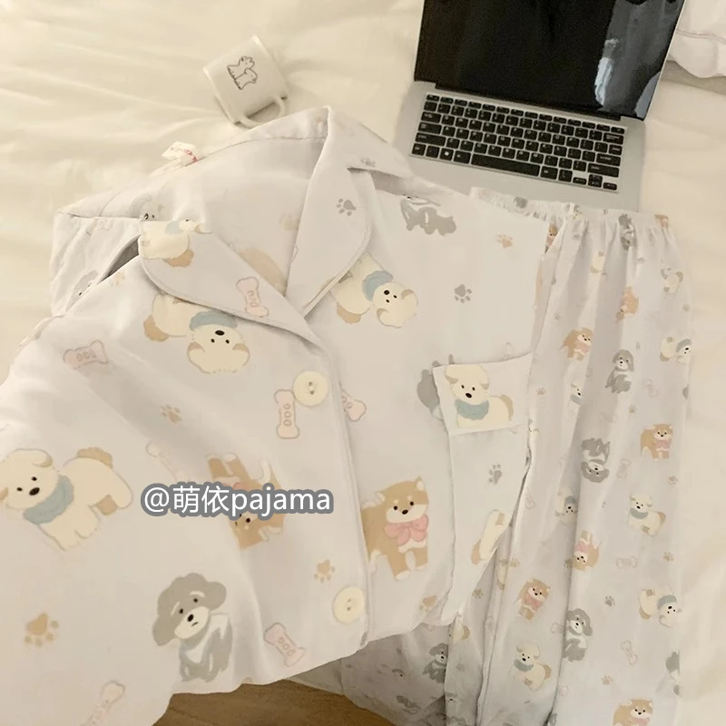 【奶蓝秋田犬】日系卡通睡衣女春夏季薄款长袖胸垫一体可外穿家居服