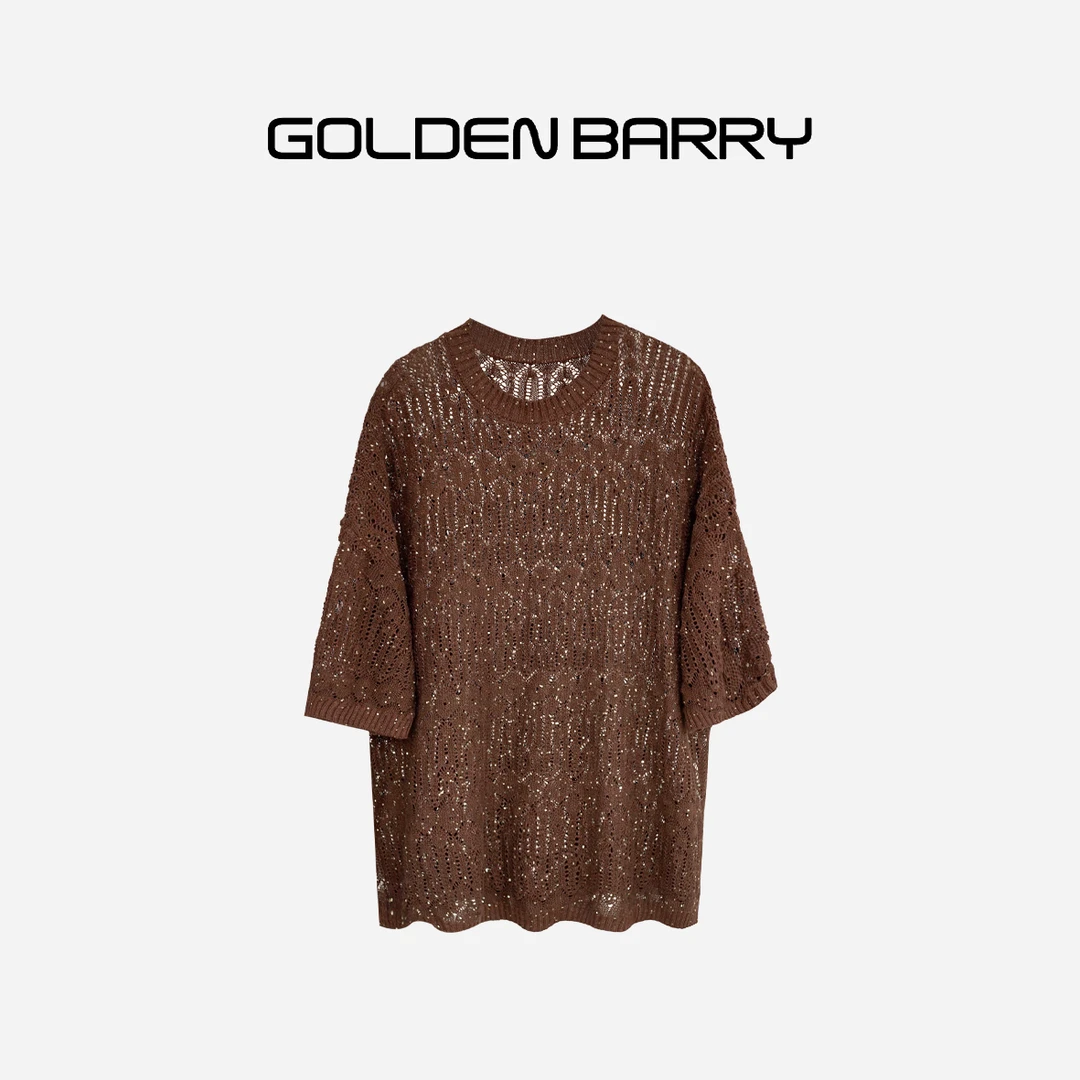 GOLDENBARRY【618】246412宽松侧开衩珠片钩花镂空针织衫 微瑕