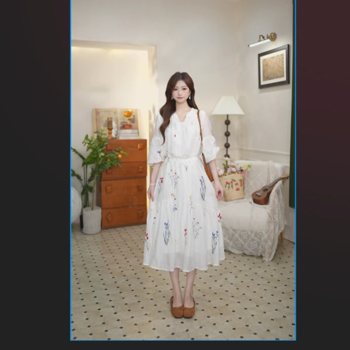 谜秀夏季时尚设计师米珠光白连衣裙中袖长裙气质显瘦白色法式甜美