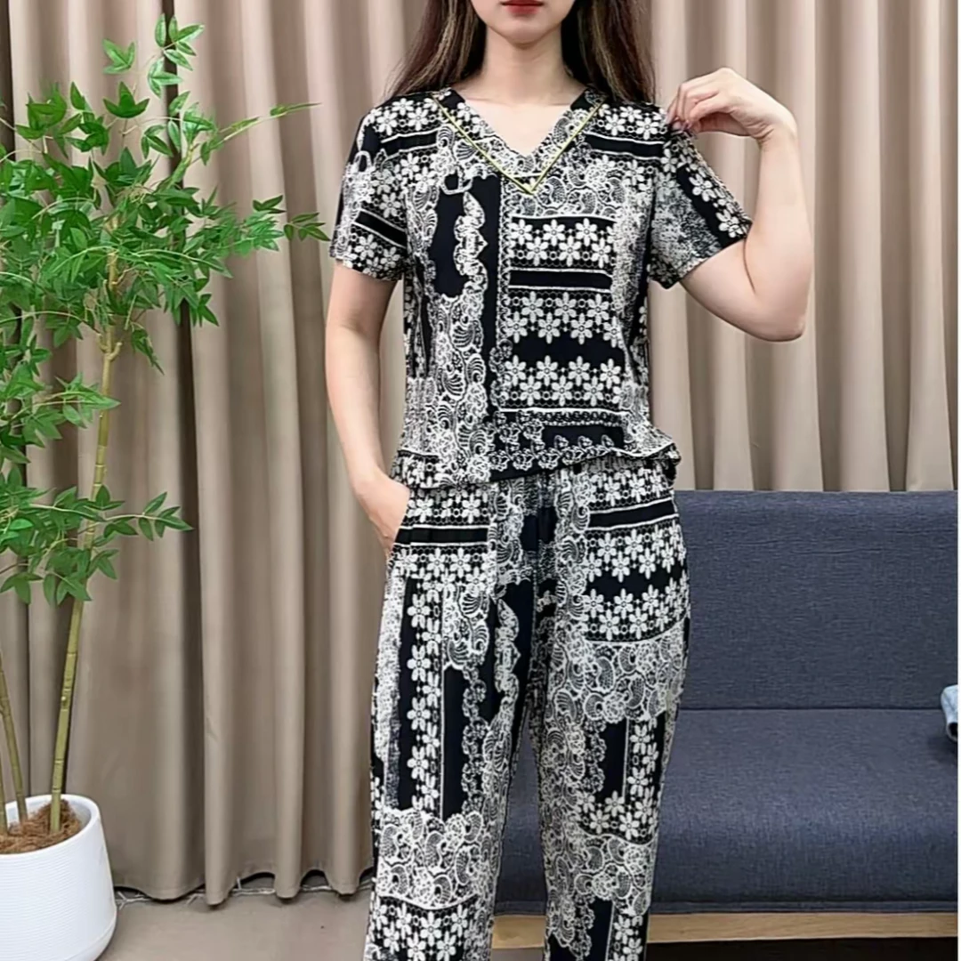 夏季新款妈妈装套装两件套九分裤薄款