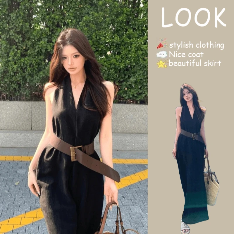 辣妹黑色V领挂脖连衣裙女夏季气质收腰显瘦无袖A字长裙