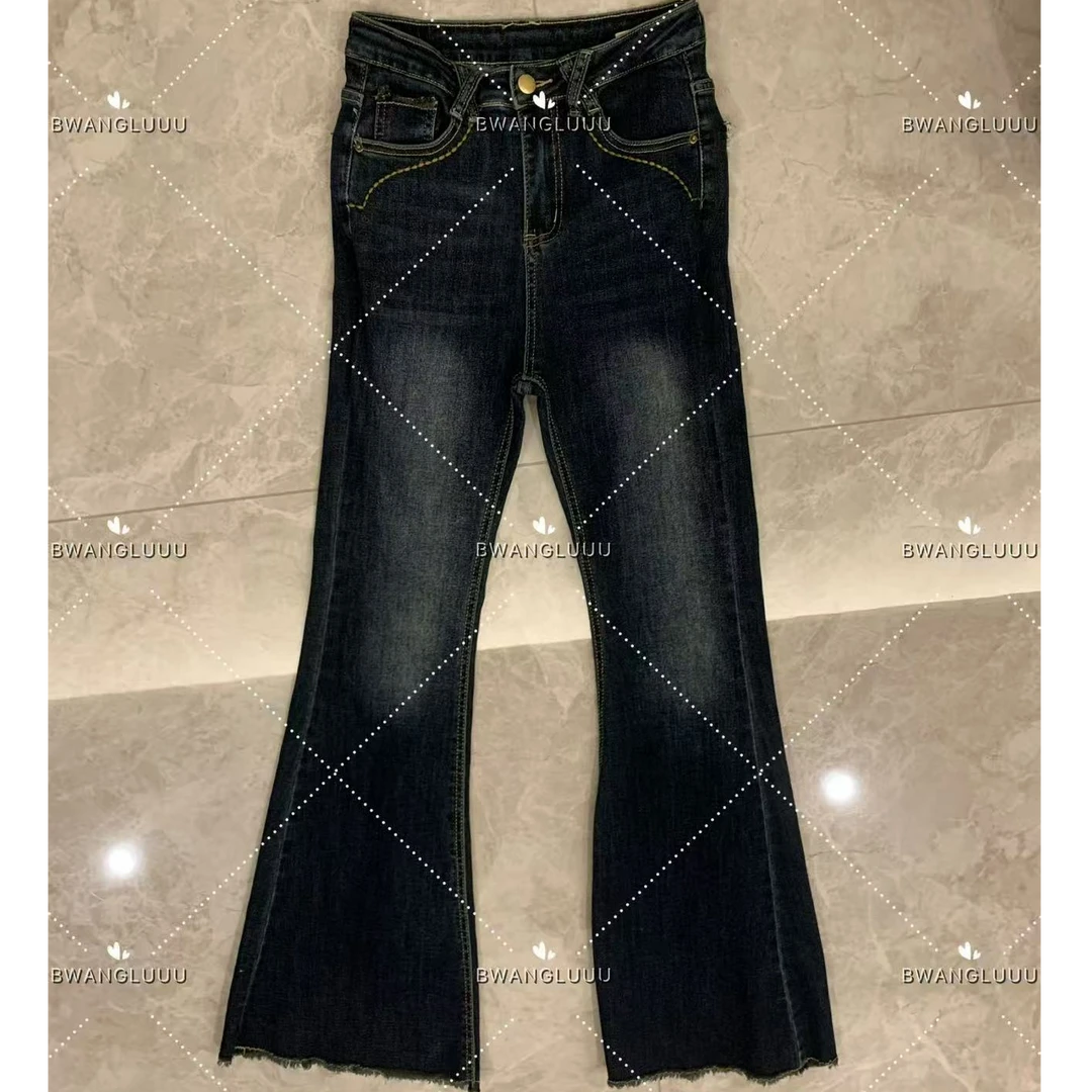 【徐徐啊】高弹印染高腰刺绣丹宁风女牛仔裤喇叭裤时尚显瘦秋季