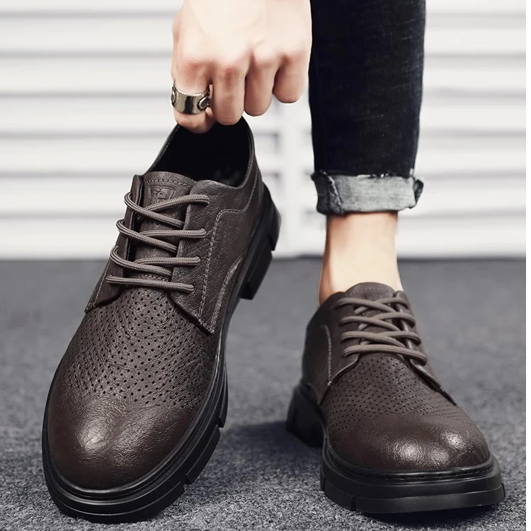 西部公羊男鞋镂空透气2025休闲皮鞋德比透气男士男士皮鞋休闲