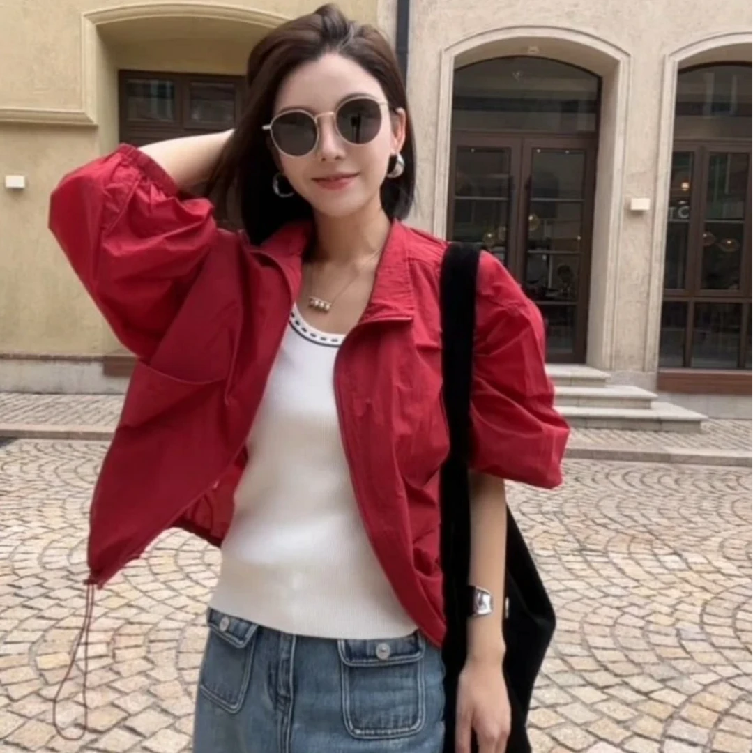 早秋韩国Chic立领抽绳设计开衫防晒衣式双口袋薄防晒衣女装