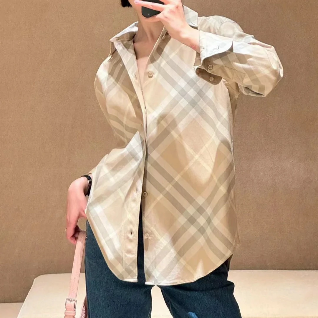 宝丫轻奢  女式通勤复古宽松翻领格纹长袖衬衫上衣K2664