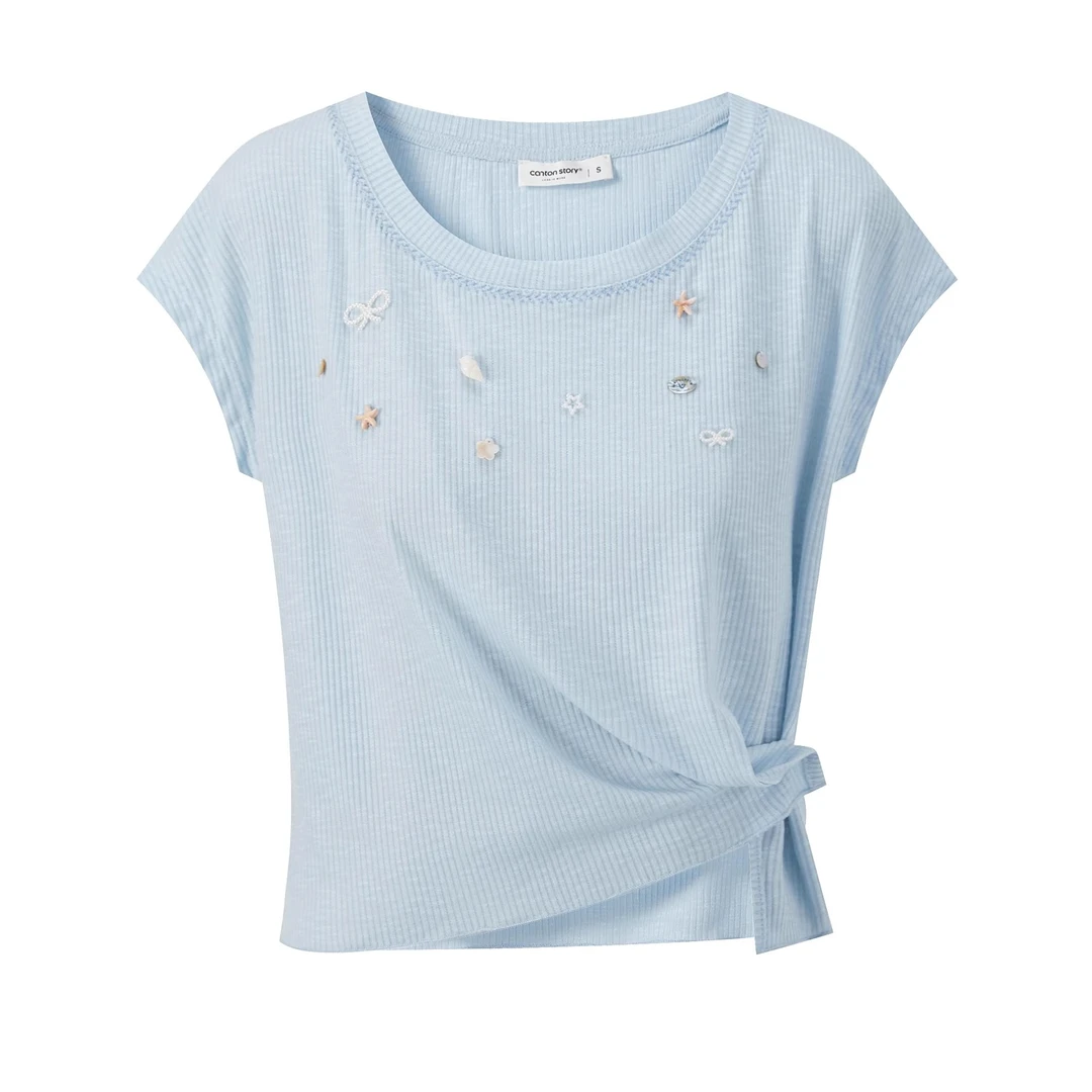 羊城故事-蓝色圆领贝壳针织小飞袖t恤设计感修身小衫 Y50751693