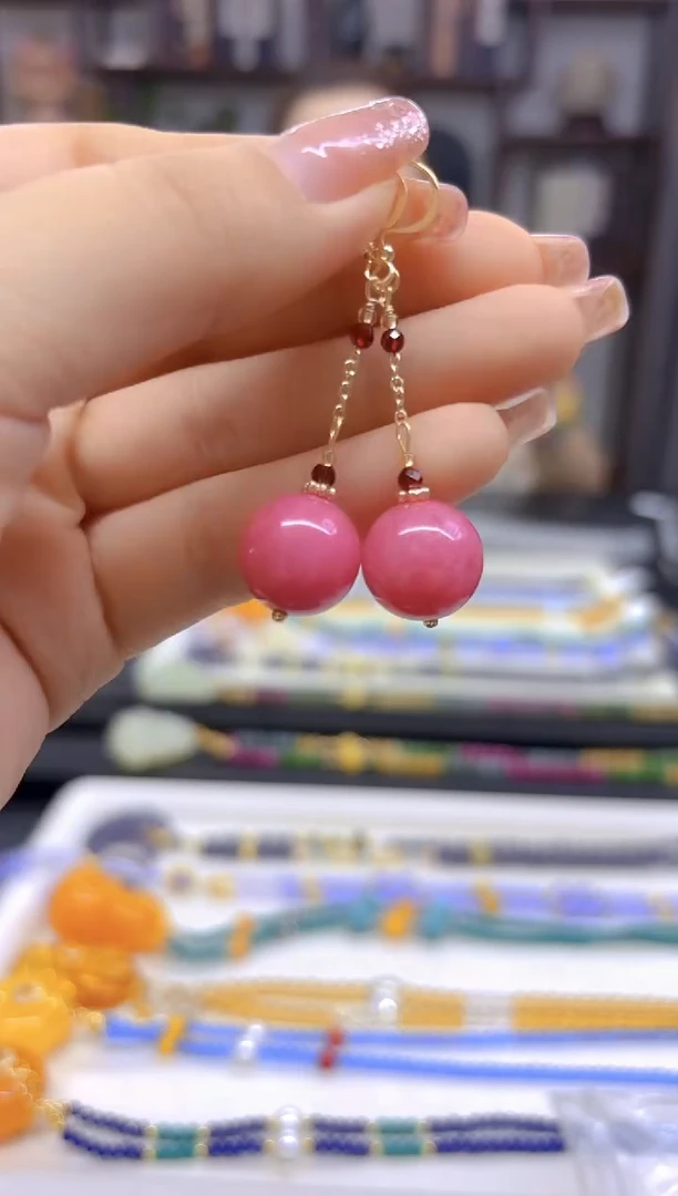 菱锰矿（红纹石）14K金镶嵌耳坠DIY款E613